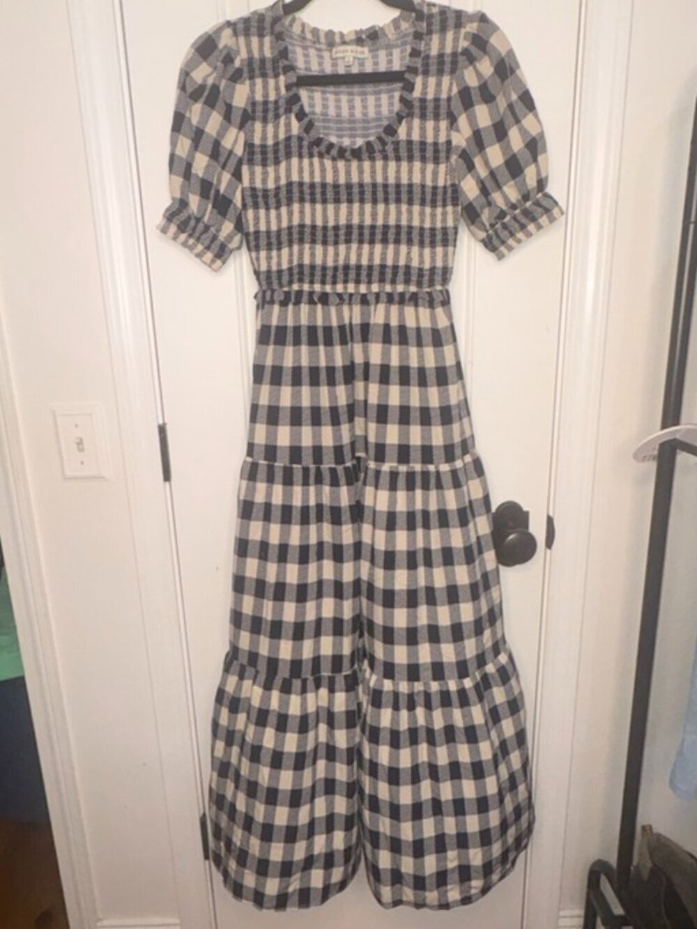 Women's Moon River Smocked Maxi Dress Navy Ivory Gingham Preppy Timeless S